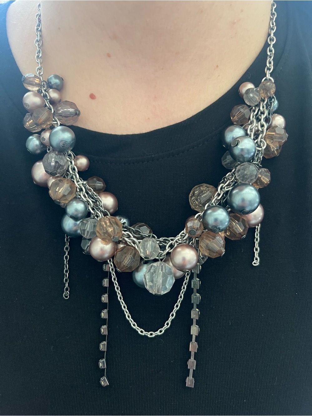 Statement Pearl and Crystal Cluster Necklace in Gray and Taupe